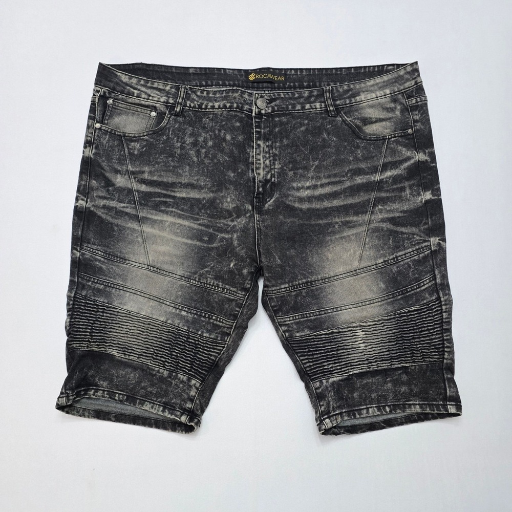 Rocawear Mens Skinny Moto Denim Shorts Acid Wash Black Gray Size 42 Distressed